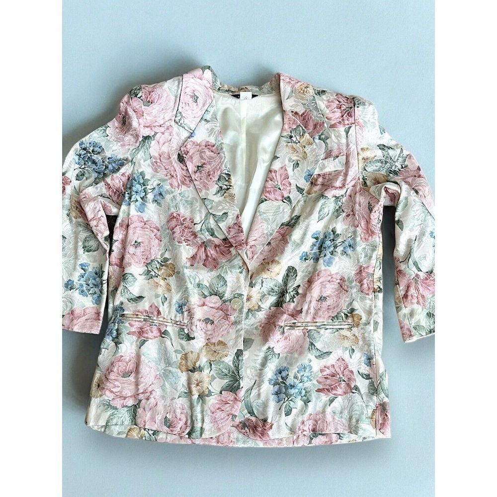 Vintage San Moire Floral Blazer Jacket Cream Pink Womens Plus Size 20W
